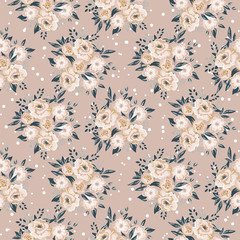 Seamless pattern texture with floral bouquet beige background.