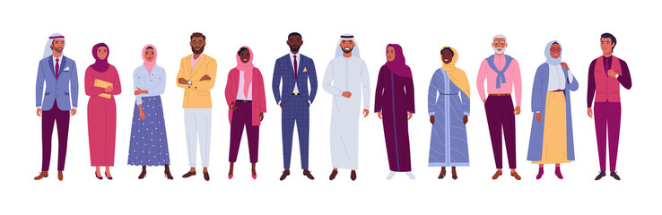 Muslim people collection. Vector illustration of diverse cartoon islam people in office and casual outfits. Isolated on white.