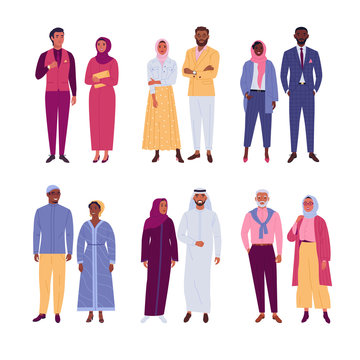 Muslim Multinational Couples. Vector Illustration Of Diverse Cartoon Islam People In Traditional, Trendy And Classic Outfits. Isolated On White.