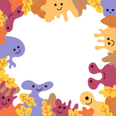 Obraz na płótnie Canvas Abstract frame vector template. Funny kind monsters look out of the autumn leaves., borders for text on white background. Invitation to a holiday, party, poster, article, greeting, Scandinavian style