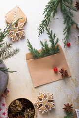 New Year and Christmas background. Christmas candy cane gingerbread on light background. New Year and Christmas composition, free space for text, New year and Christmas still life