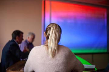 Secretary for work with an official. Girl secretary in the office of the chief. The official is not seen in corruption. The secretary is waiting for directions.