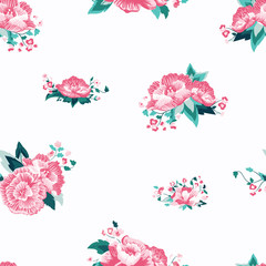 Vector Delicate Folk Roses on White seamless pattern background.
