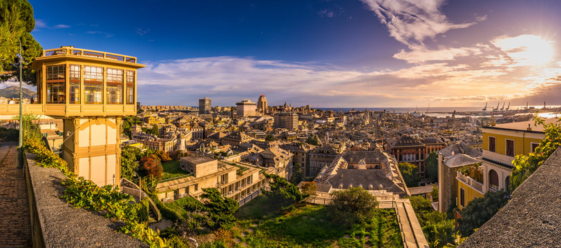 View of Genoa at sunset from "Spianata Castelletto", Italy