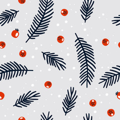 Fototapeta na wymiar Christmas seamless pattern with berries and fir branches. Trendy vintage style.