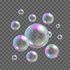 Soap bubbles with rainbow colors on transparent background. 3d realistic flying foam bubbles set - vector illustration