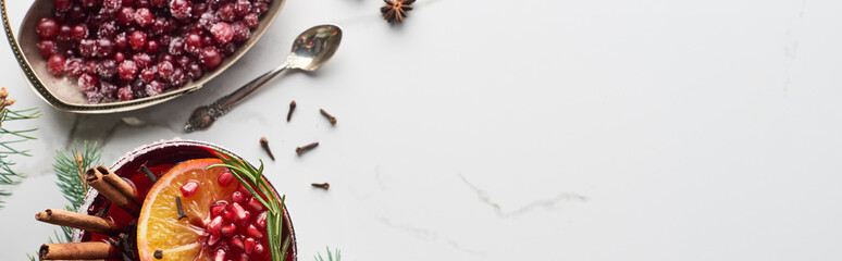 panoramic shot of christmas cocktail with orange, pomegranate, cinnamon and frozen cranberry