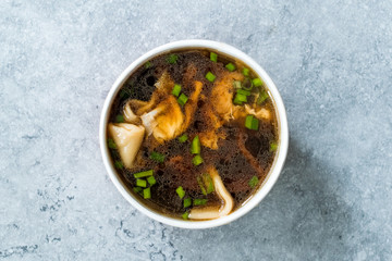 Take Away Asian Food Wonton Soup with Bok Choy and Chives in Plastic Bowl Package or Container Box.