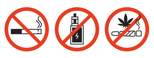 Forbidding vector signs. No smoking, no drugs, no vaping. Isolated illustration on white background.