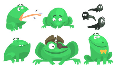 Collection of Green Frog with Various Emotions, Funny Amphibian Animal Cartoon Character in Different Situations Vector Illustration
