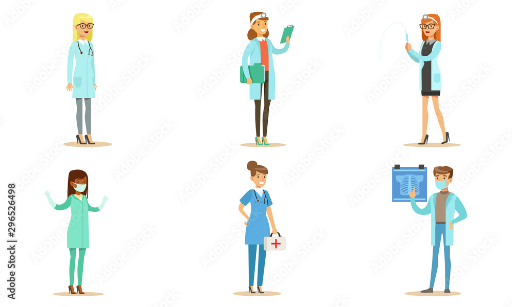 Sticker Male and Female Doctors Set, Professional Hospital Medical Staff Characters Vector Illustration