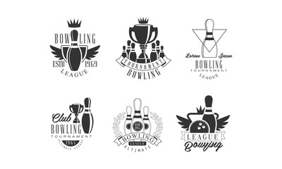 Bowling Tournament League Retro Labels Set, Bowling Club Monochrome Badges Vector Illustration