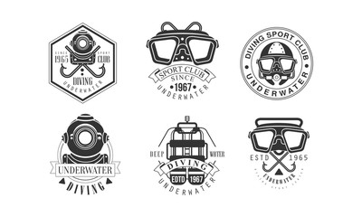 Obraz premium Diving Sport Club Retro Logo Templates Set, Deep Water Monochrome Badges Vector Illustration