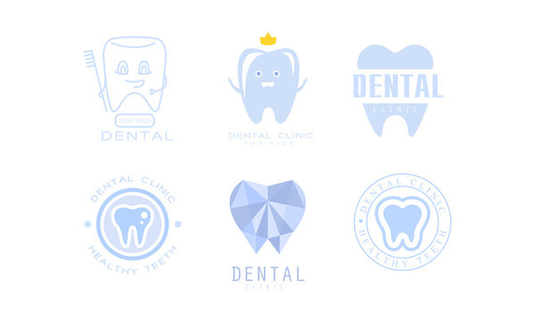 Dental Clinic Logo Templates Set, Kids Dental Care, Healthy Teeth Badges Vector Illustration