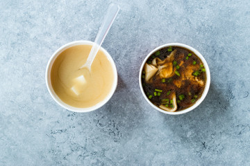 Take Away Asian and Japanese Food Wonton and Miso Soup in Plastic Bowl Package or Container Box.