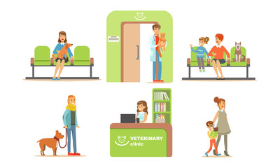 Vet Clinic Set, People Bringing their Dogs and Cats for Vet Examination, Clinic Interior Elements Vector Illustration