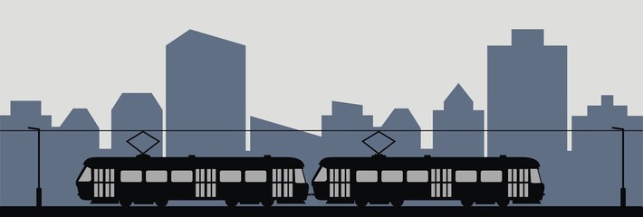 Obraz na płótnie Canvas Traffic in the city, tram and city in the background, vector illustration