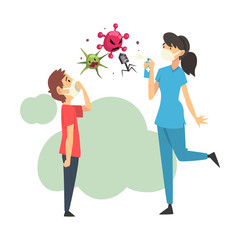Woman with a boy kills viruses with a balloon cartoon vector illustration