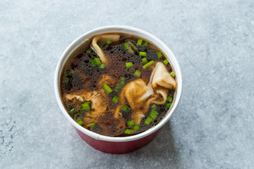 Take Away Asian Food Wonton Soup with Bok Choy and Chives in Plastic Bowl Package or Container Box.