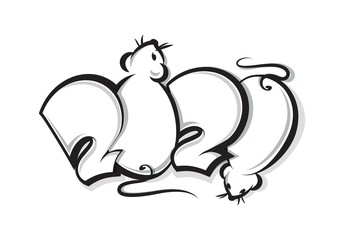 New year 2020 logo with mice isolated on white. Greeting card design with 3D numbers. Vector illustration