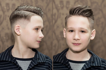 Stylish modern retro haircut side part with mid fade with parting of a school boy guy in a barbershop on a brown background
