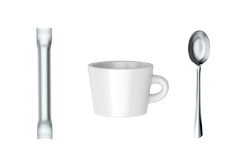 Coffee cup, sachet with sugar and spoon