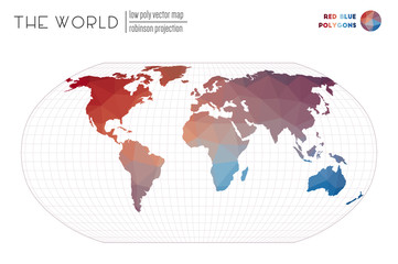 World map in polygonal style. Robinson projection of the world. Red Blue colored polygons. Modern vector illustration.