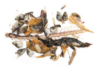 Fried smelt fish remnants, waste isolated on white background, top view