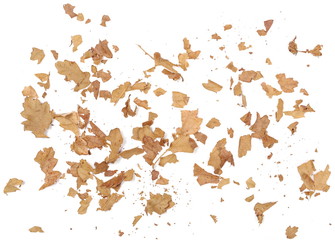 Dry crushed autumn, fall oak leaves texture isolated on white background, top view