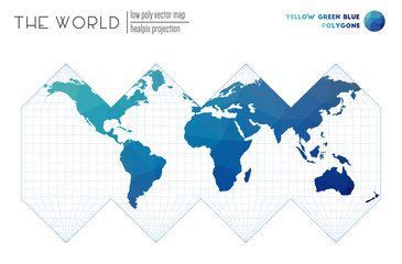 Abstract world map. HEALPix projection of the world. Yellow Green Blue colored polygons. Energetic vector illustration.