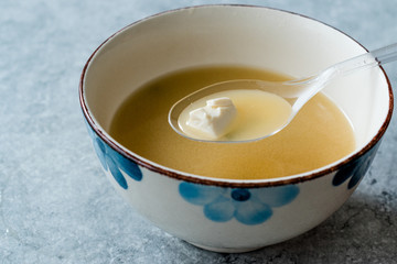 Japanese Food Miso Soup with Tofu and Seaweed in Ceramic Bowl.