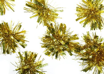 Naklejka premium Golden tinsel, Christmas and New Year's ornament, decoration isolated on white background, top view