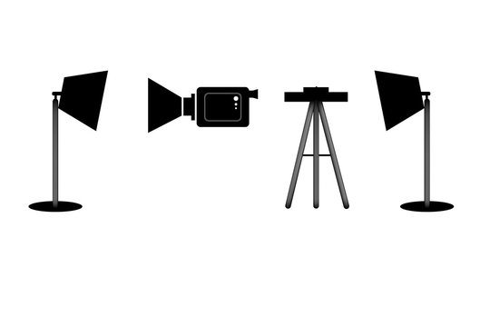 Photography equipment vector set. On white backdrop. Camera, tripot, light pillar