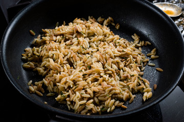 Turkish Cooked Orzo Pasta / Pilav or Pilaf in Pan.