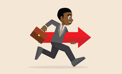 African businessman running and holding red arrow.