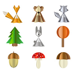 Forest wild animals and plants illustration. Vector set of isolated objects on a white background paper cut out. Icons of fox, wolf, bear and hare. Forest mushrooms Amanita and acorn