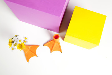 geometric coloured cubes duck legs and flowers