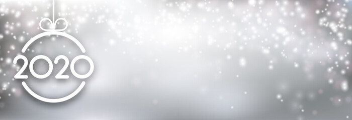 Silver shiny 2020 New Year banner with Christmas ball.