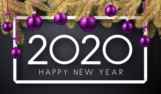 Happy New Year 2020 Card With Fir Branches And Purple Christmas Balls.