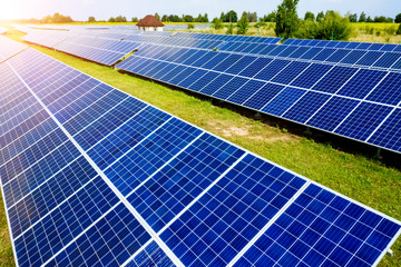Aerial view top view on blue solar pannels