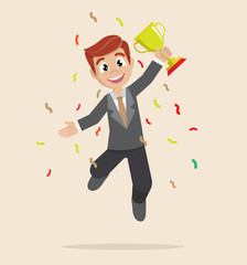 businessman jumping and holding trophy.
