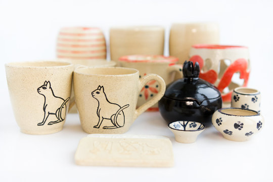 handmade author ceramics, only one a kind. Items for interior decoration, vases, cups, attributes for religion