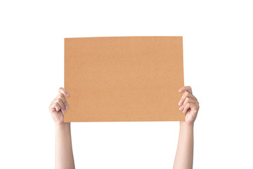 hand holding white blank brown paper isolated on white background with clipping path