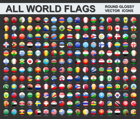 All world flags - vector set of round glossy icons. All countries