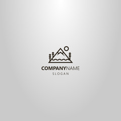 black and white simple vector line art logo of a triangular mountain with snowy peak, sun, trees and water waves