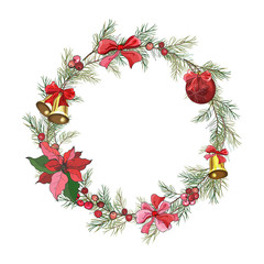 Pretty wreath with Christmas tree branches and berries, poinsettia, bows, gold bells,ball on white. Round frame for festive season design, advertisement, greeting cards, invitation, posters. Vector.