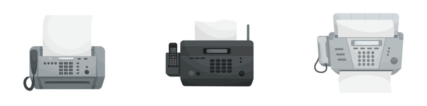 Isolated vector set of three Faxes. Office devices, printers, phones.