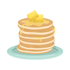 A stack of fried pancakes with slices of butter. Delicious breakfast. Cartoon vector illustration.