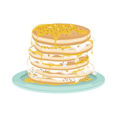 A stack of fried pancakes with whipped cream and maple syrup. Delicious breakfast. Cartoon vector illustration.