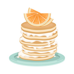 A stack of fried pancakes with whipped cream and orange slices. Delicious breakfast. Cartoon vector illustration.